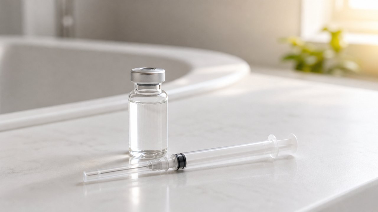 A vial and an insulin syringe prepared for reconstitution